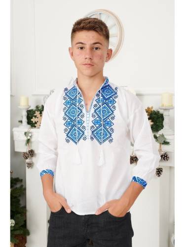 Bluza traditionala din Bumbac Alb cu Broderie Albastra pentru Baieti 0-1 Ani (68-78cm)