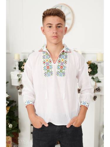 Bluza Traditionala din Bumbac Alb cu Broderie Colorata pentru Baieti 1-2 Ani (79-91cm)