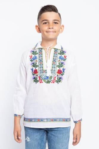 Bluza Traditionala din Bumbac Alb cu Broderie Florala pentru Baieti 0-1 Ani (68-78cm)