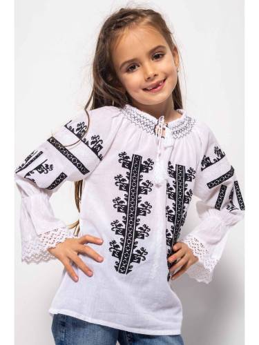Bluza Traditionala din Bumbac Alb cu Broderie Neagra 9-10 Ani (129-134cm)