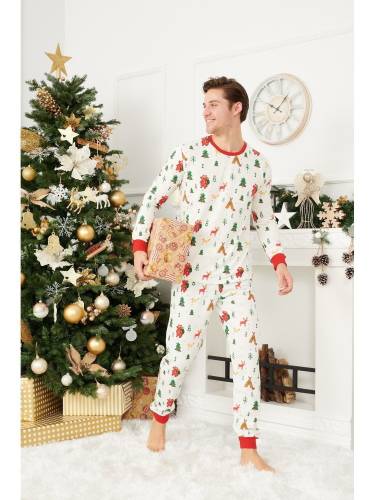 Pijama de Craciun Barbat cu Maneca Lunga din Bumbac Alb cu Rosu model Jolly XXL