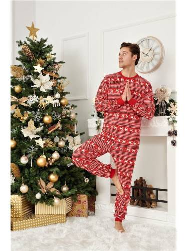 Pijama de Craciun Barbat cu Maneca Lunga din Bumbac Rosu cu Alb Comet XL
