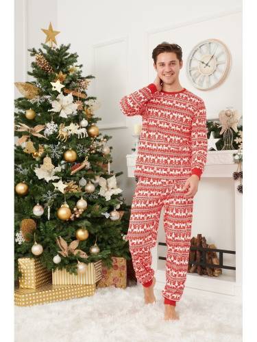 Pijama de Craciun Barbat cu Maneca Lunga din Bumbac Rosu cu Alb Sparkle2 L