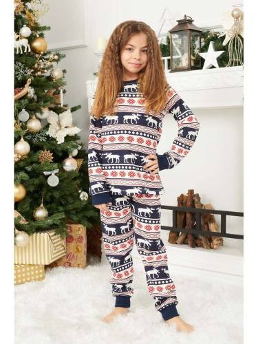 Pijama Craciun Copil cu Maneca Lunga din Bumbac Bleumarin cu Alb model Frosty 1-2 Ani (79-91cm)