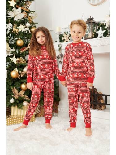 Pijama de Craciun Copil cu Maneca Lunga din Bumbac si Rosu cu Alb model Comet 2 ani (86-94 cm)