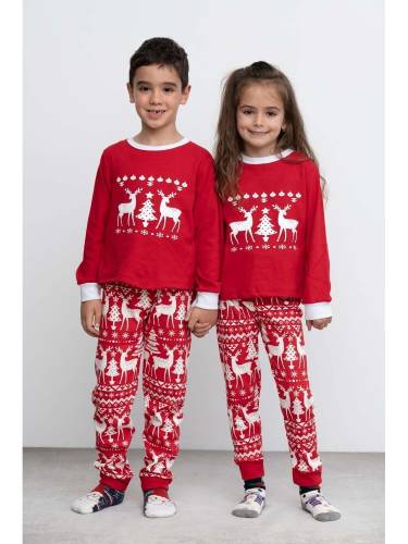 Pijama Craciun Copil cu Maneca Lunga din Bumbac Rosu model Holly 1-2 Ani (79-91cm)