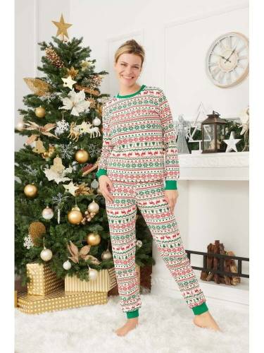 Pijama de Craciun Dama cu Maneca Lunga din Bumbac Alb cu Verde model Holiday XL (42)