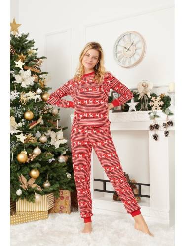 Pijama de Craciun Dama cu Maneca Lunga din Bumbac Rosu cu Alb Comet L (40)