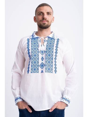 Bluza traditionala din bumbac alb cu broderie albastra pentru barbat M