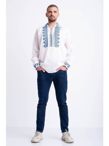 Bluza traditionala din bumbac alb cu broderie albastra in forma de romb - pentru barbat S