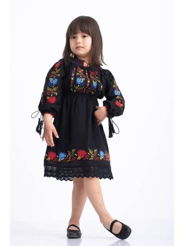 Rochie fetite tip ie traditionala din bumbac negru cu broderie florala multicolora 5-6 Ani (105-110cm)