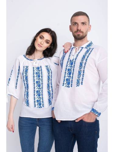 Set bluze traditionale cu broderie inflorata albastra pentru cuplu