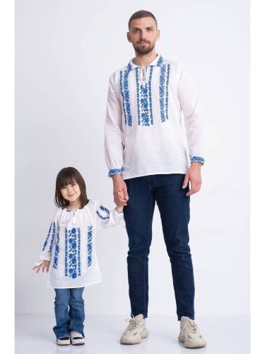 Set bluze traditionale cu broderie inflorata albastra pentru tata si fiica